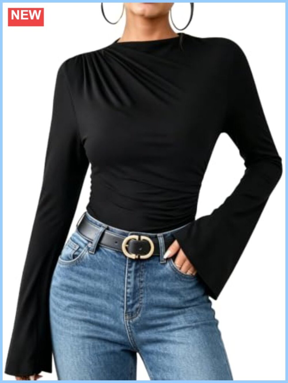 Women Ruched Mock Neck Bell Sleeve Blouse Long Sleeve Dressy Casual Top